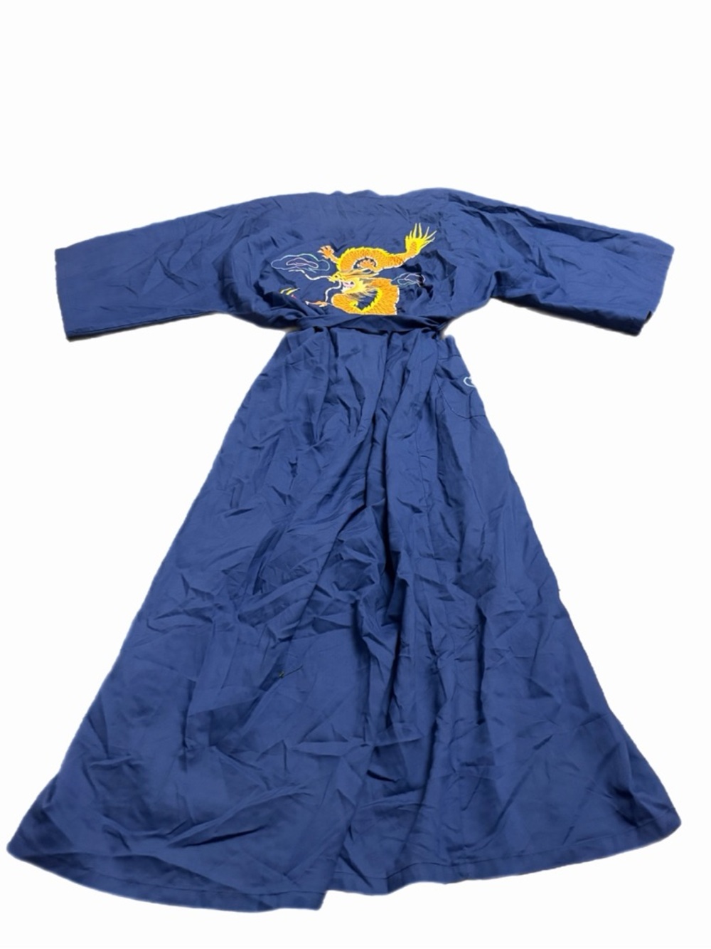 90s Euro Chinese Vintage Dragon Embroidered Kimono Maxi Robe (Blue) M - Picture 2 of 7